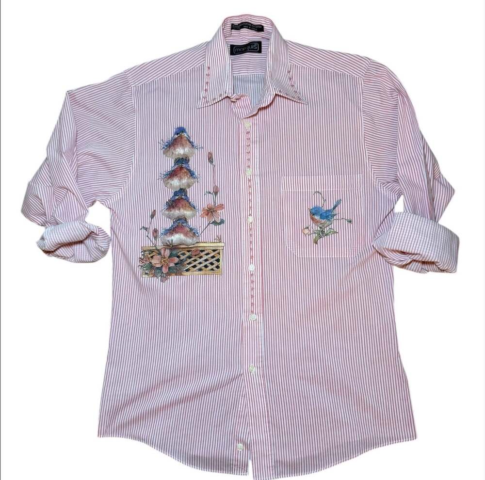 Vintage Marquis Bird‎ Embroidered Shirt Red Stripe Button Up Womens PL